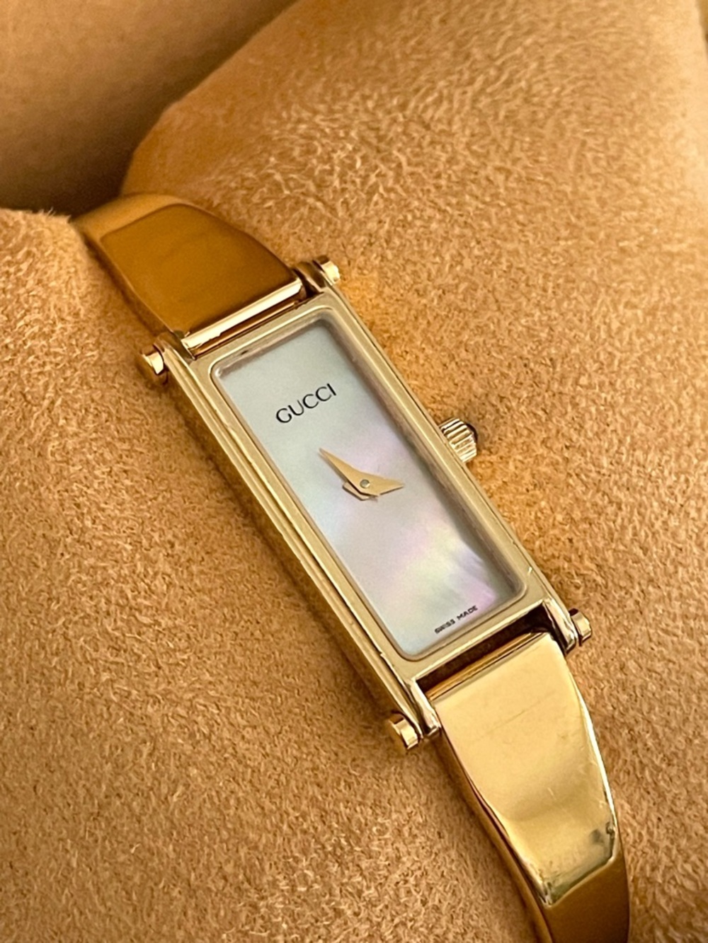 Vintage Gucci Women's Gold-Tone Rectangular Mother-of-Pearl Dial Bracelet Watch